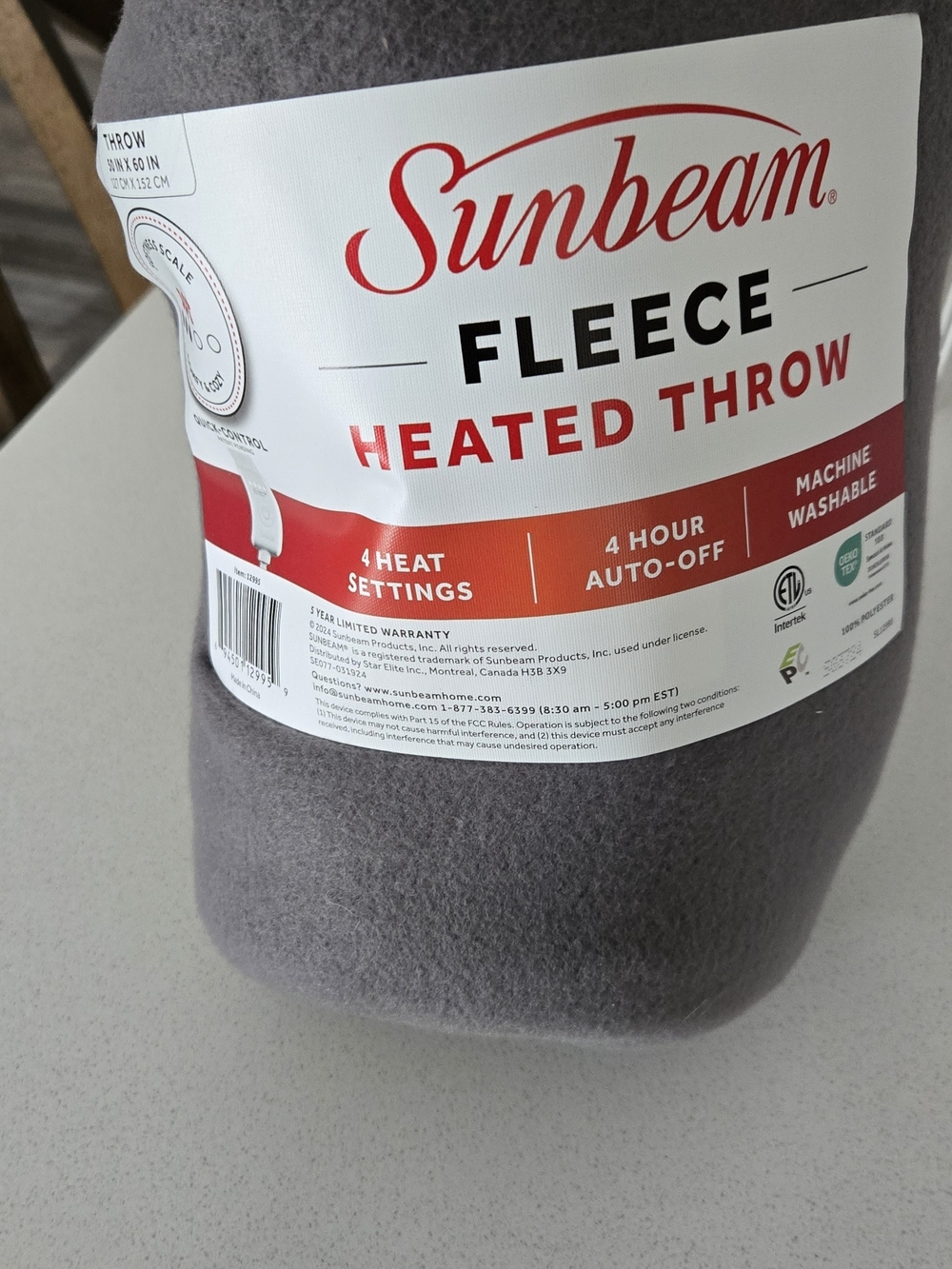 Sunbeam Gray Fleece Heated Throw Blanket
